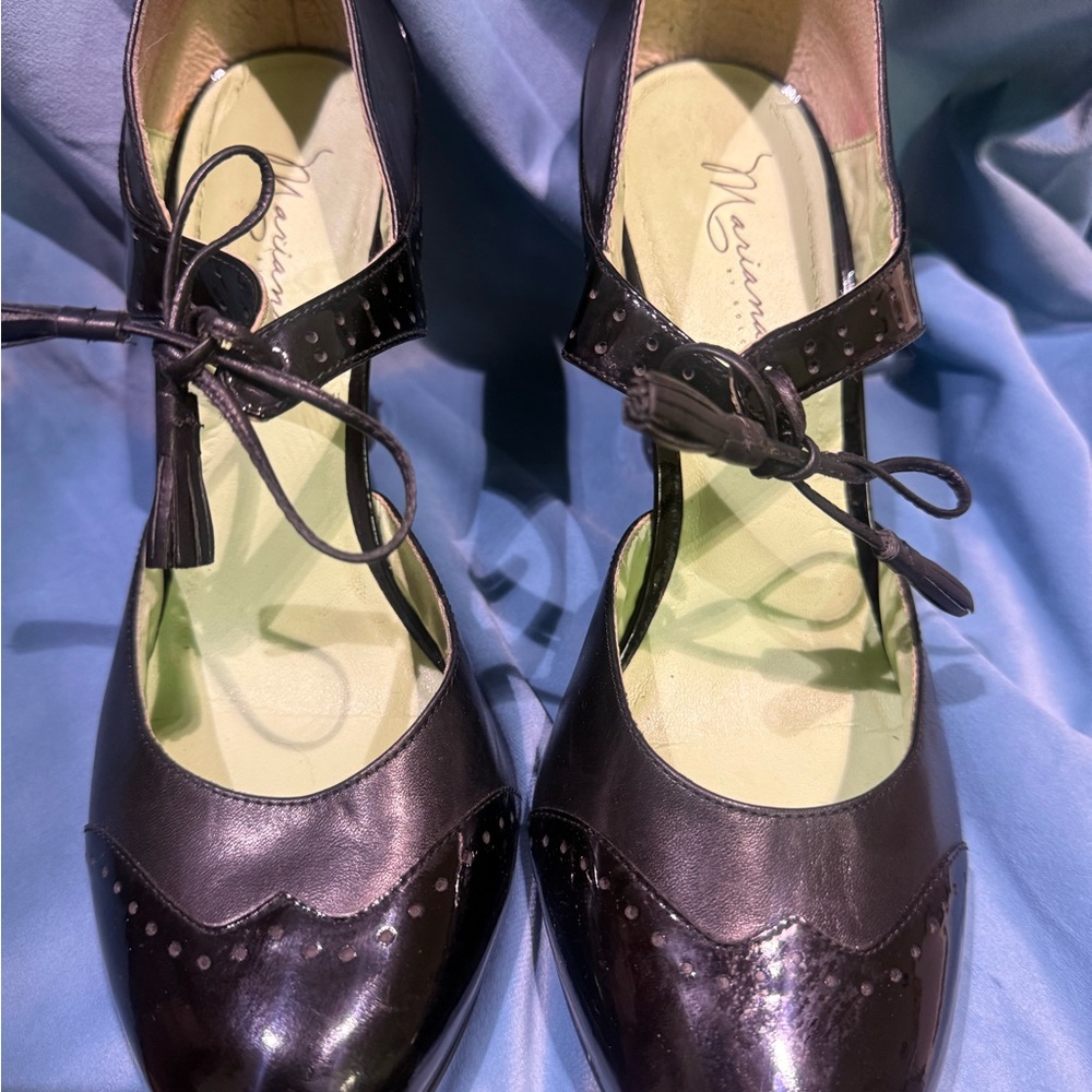 Mariana Black T-Strap Round-Toe Heels with Bow Accent
